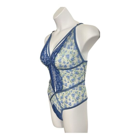 MAPALE 8594 Blue Floral Lace Teddy Bodysuit Crotchless Plus Size 2X/3X - Picture 4 of 12